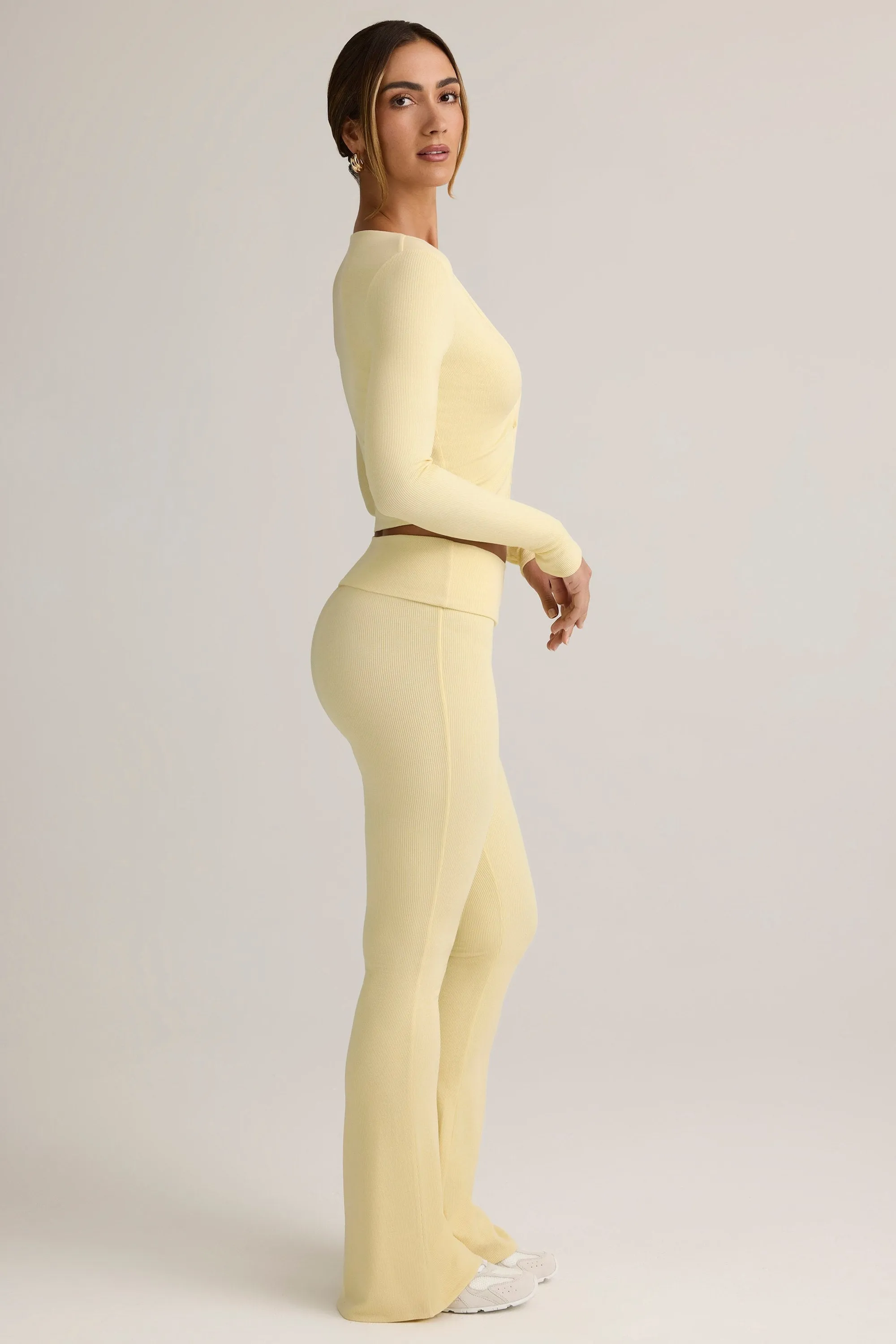 Modal Ribbed Foldover Flared Trousers in Buttercream Yellow
