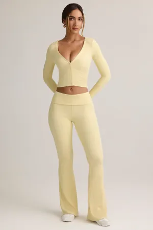 Modal Ribbed Foldover Flared Trousers in Buttercream Yellow