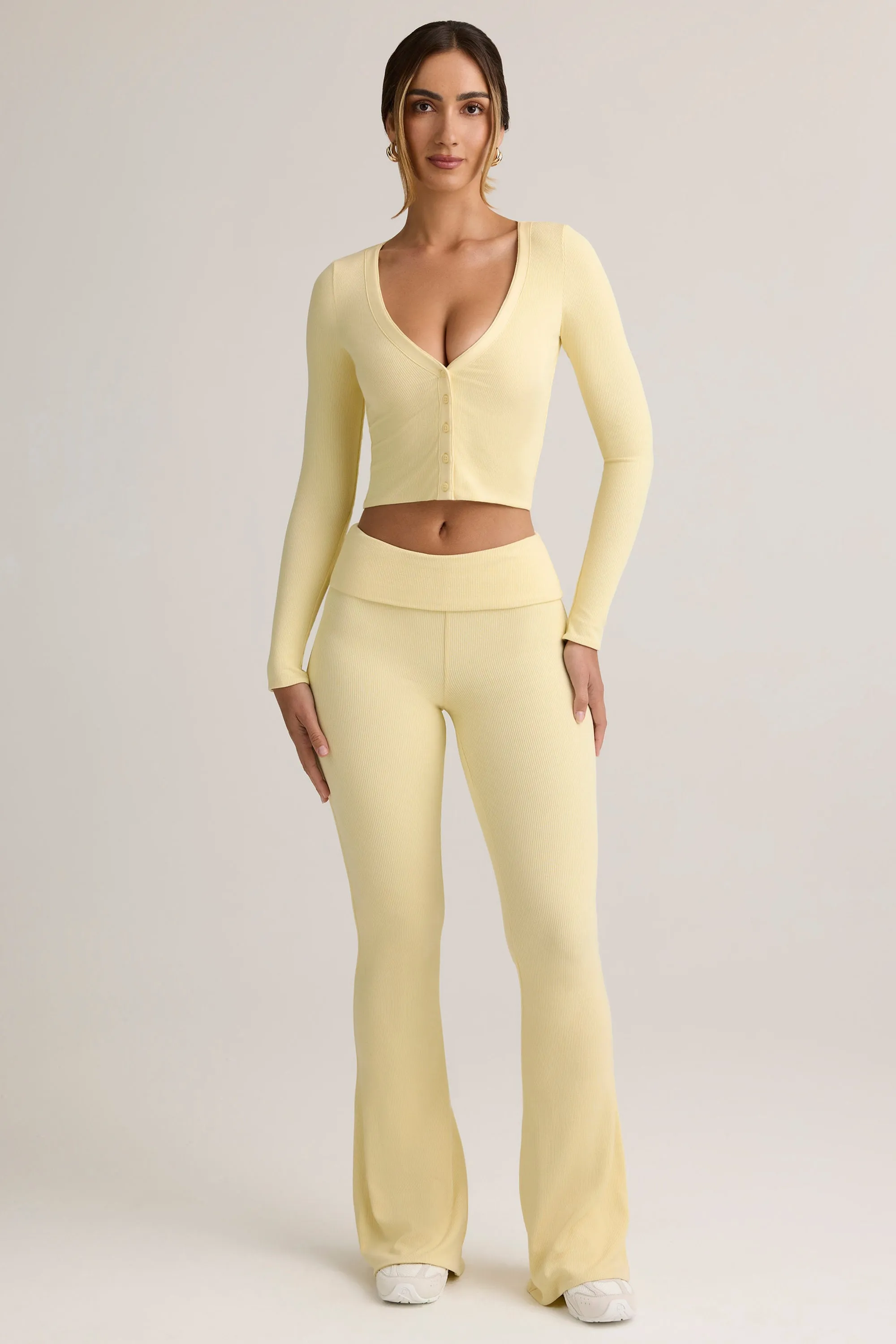Modal Ribbed Foldover Flared Trousers in Buttercream Yellow
