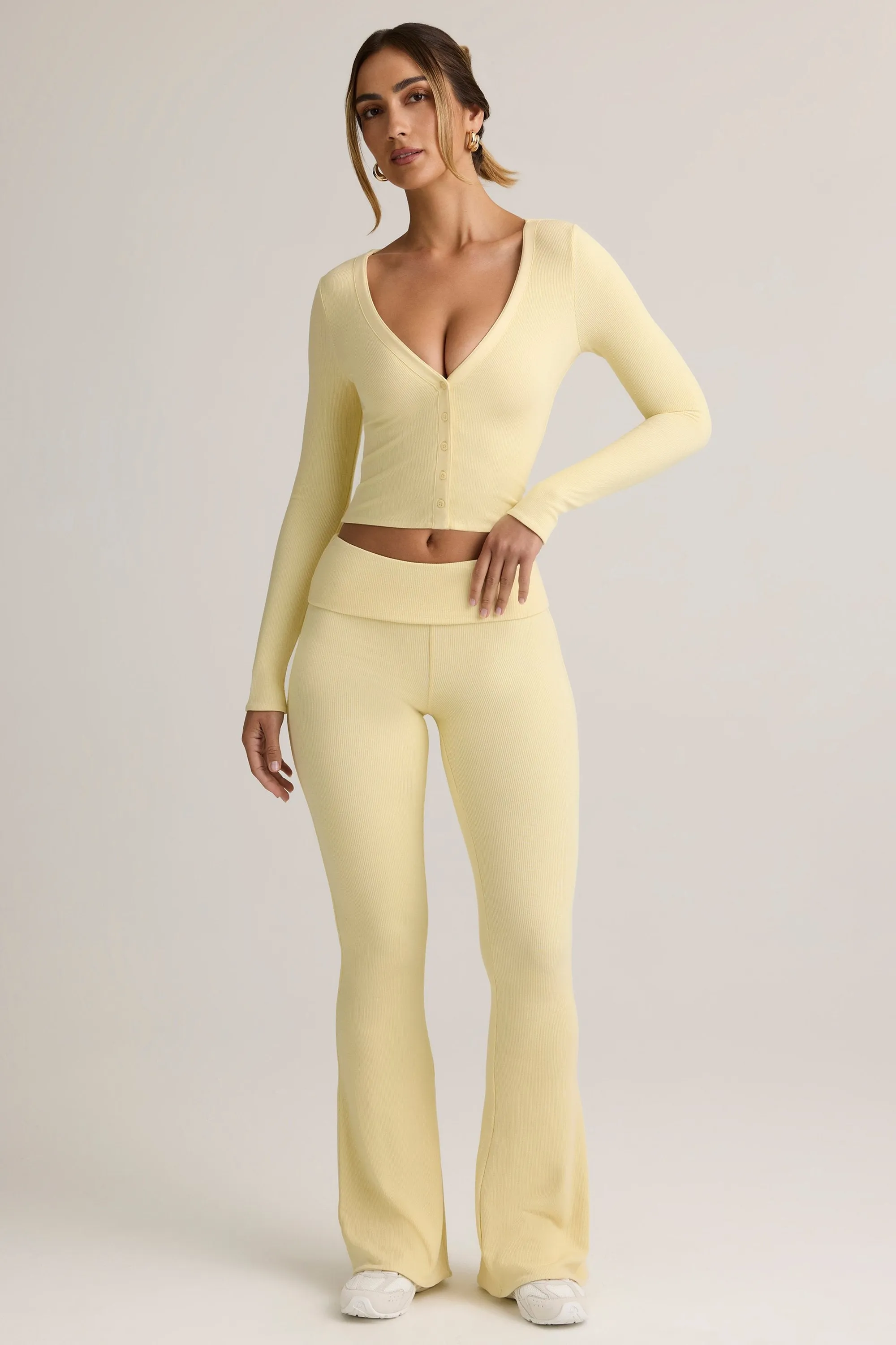 Modal Ribbed Foldover Flared Trousers in Buttercream Yellow