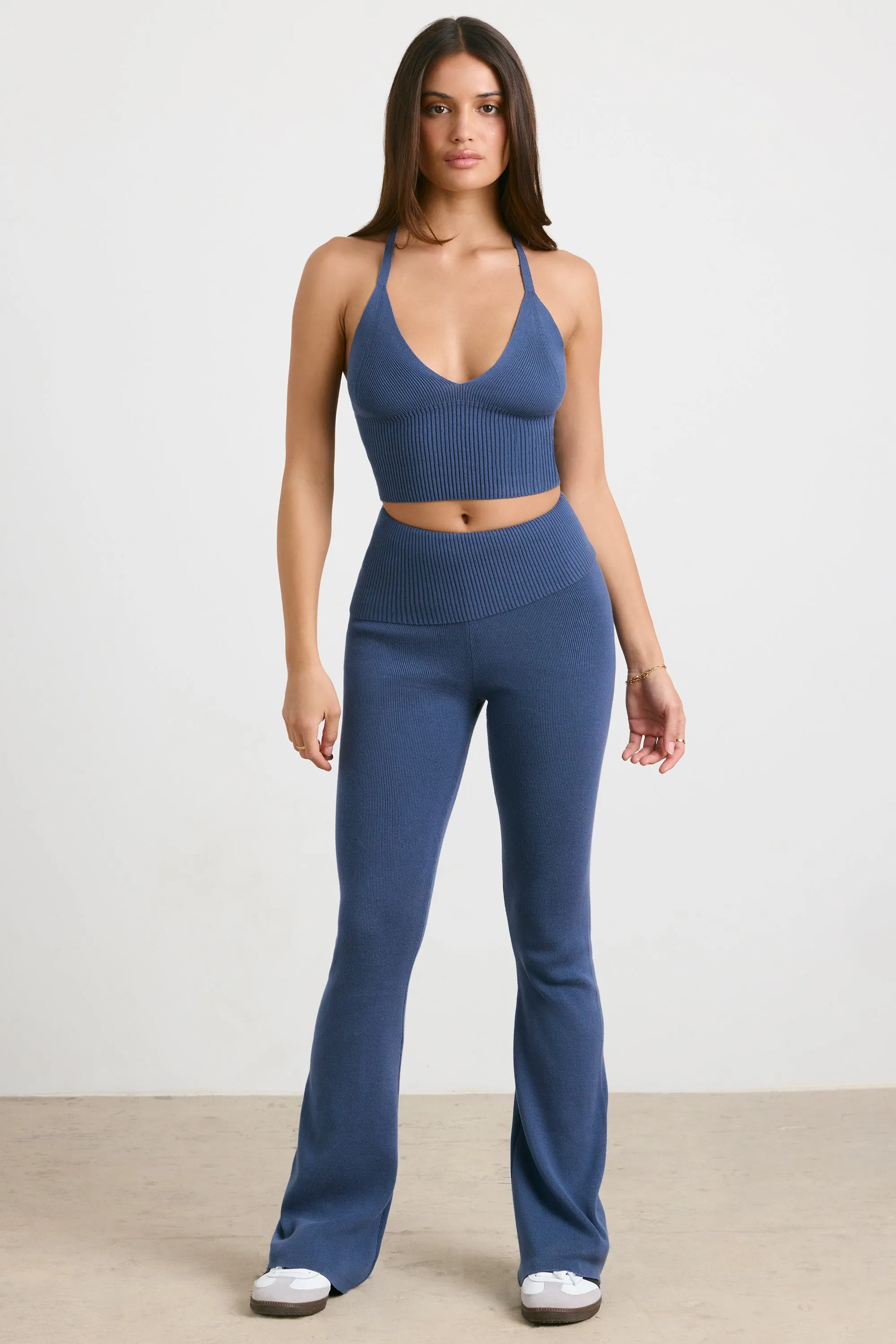 Muse - Chunky Knit Kick Flare Trousers in Washed Navy
