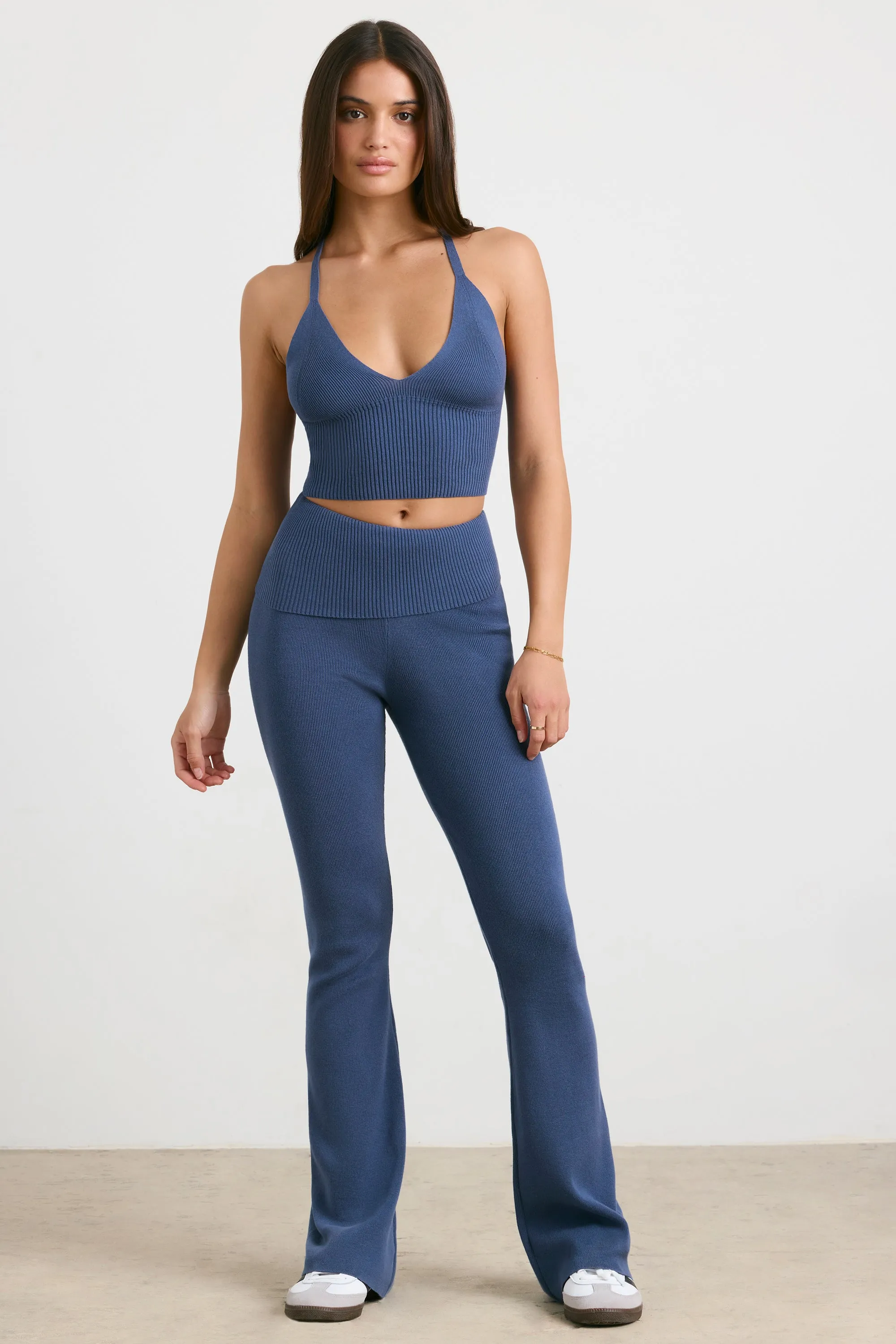 Muse - Chunky Knit Kick Flare Trousers in Washed Navy