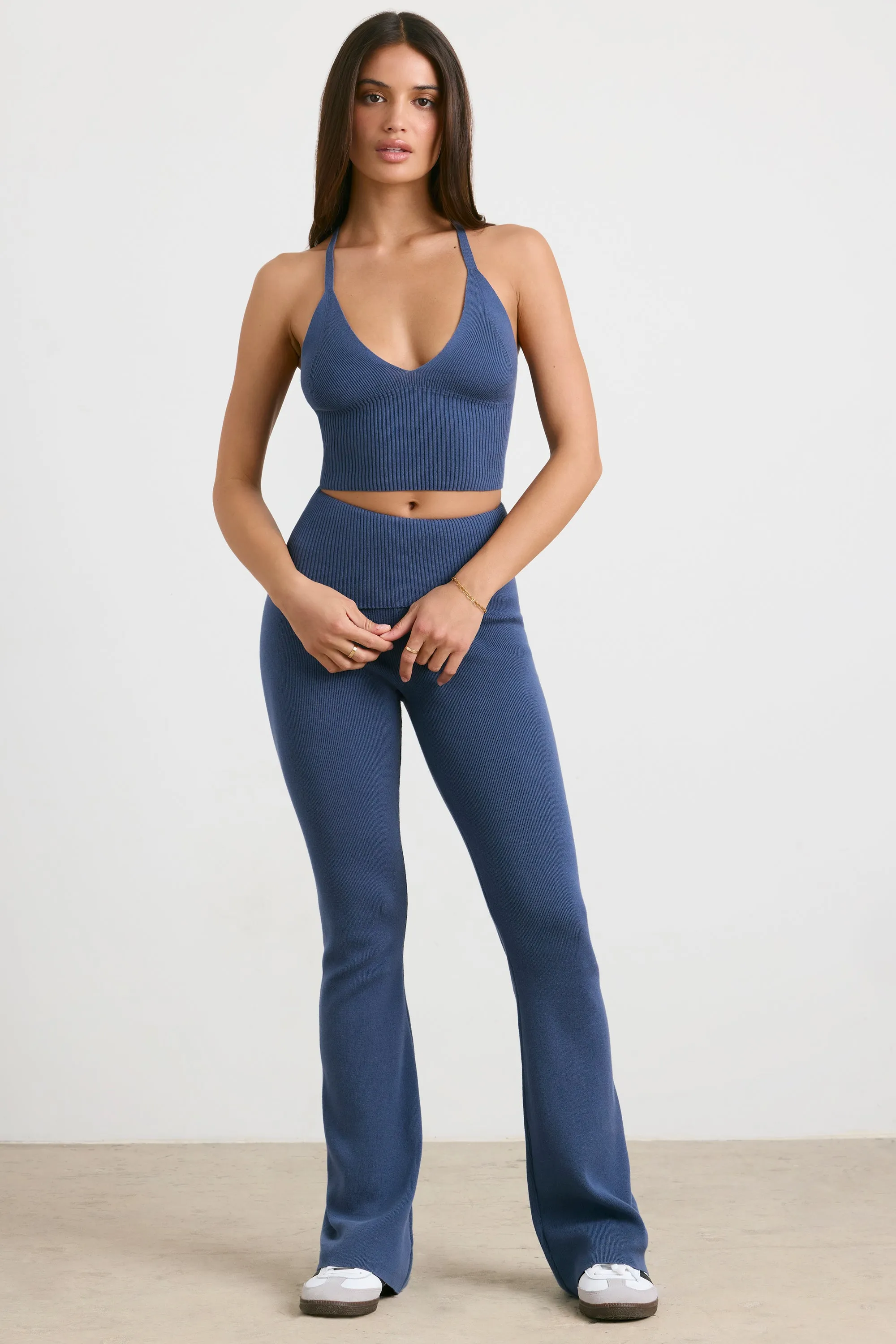 Muse - Chunky Knit Kick Flare Trousers in Washed Navy