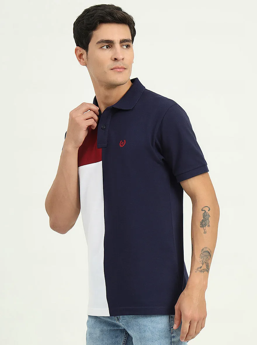 Navy Blue & White Striped Slim Fit Polo T-Shirt | Greenfibre