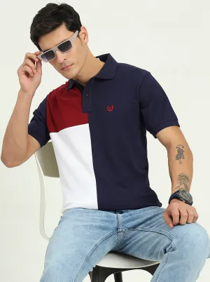 Navy Blue & White Striped Slim Fit Polo T-Shirt | Greenfibre