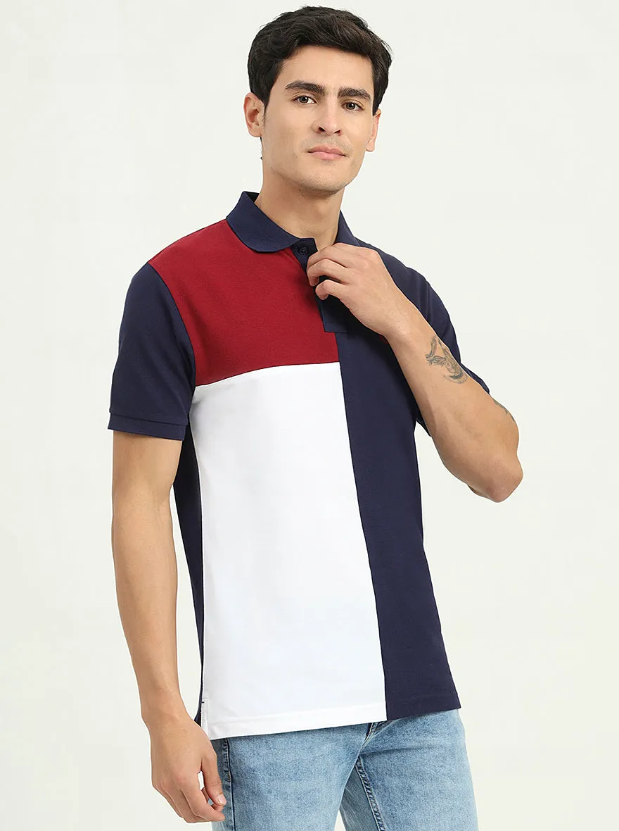 Navy Blue & White Striped Slim Fit Polo T-Shirt | Greenfibre