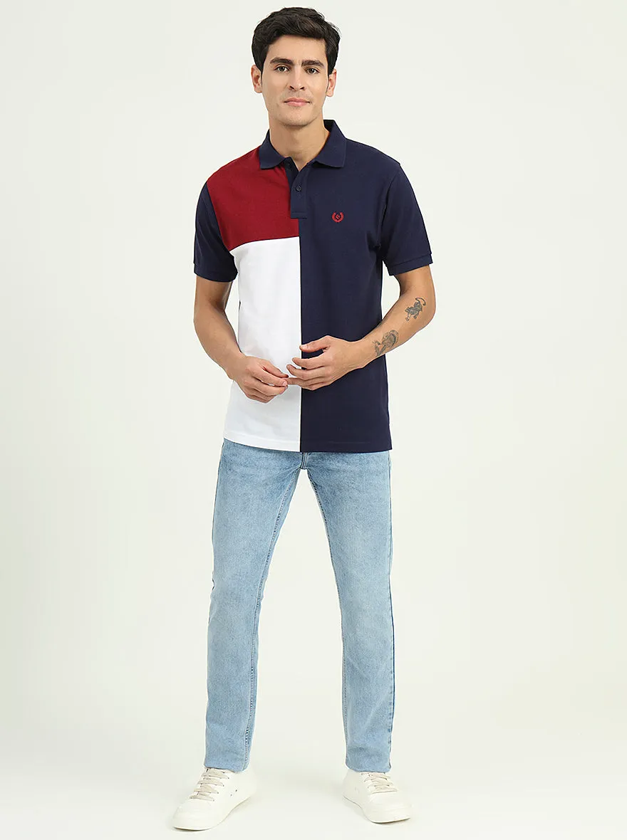 Navy Blue & White Striped Slim Fit Polo T-Shirt | Greenfibre