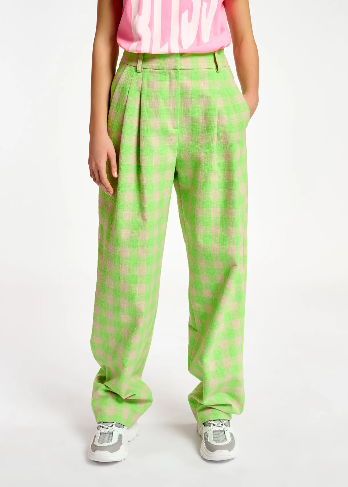Neon green checkered relaxed-fit pants