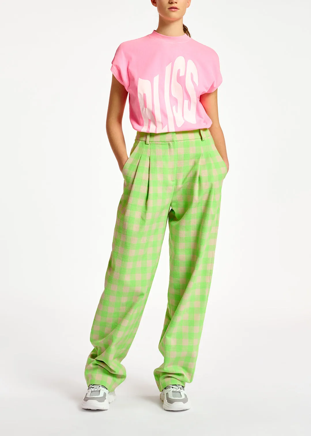 Neon green checkered relaxed-fit pants