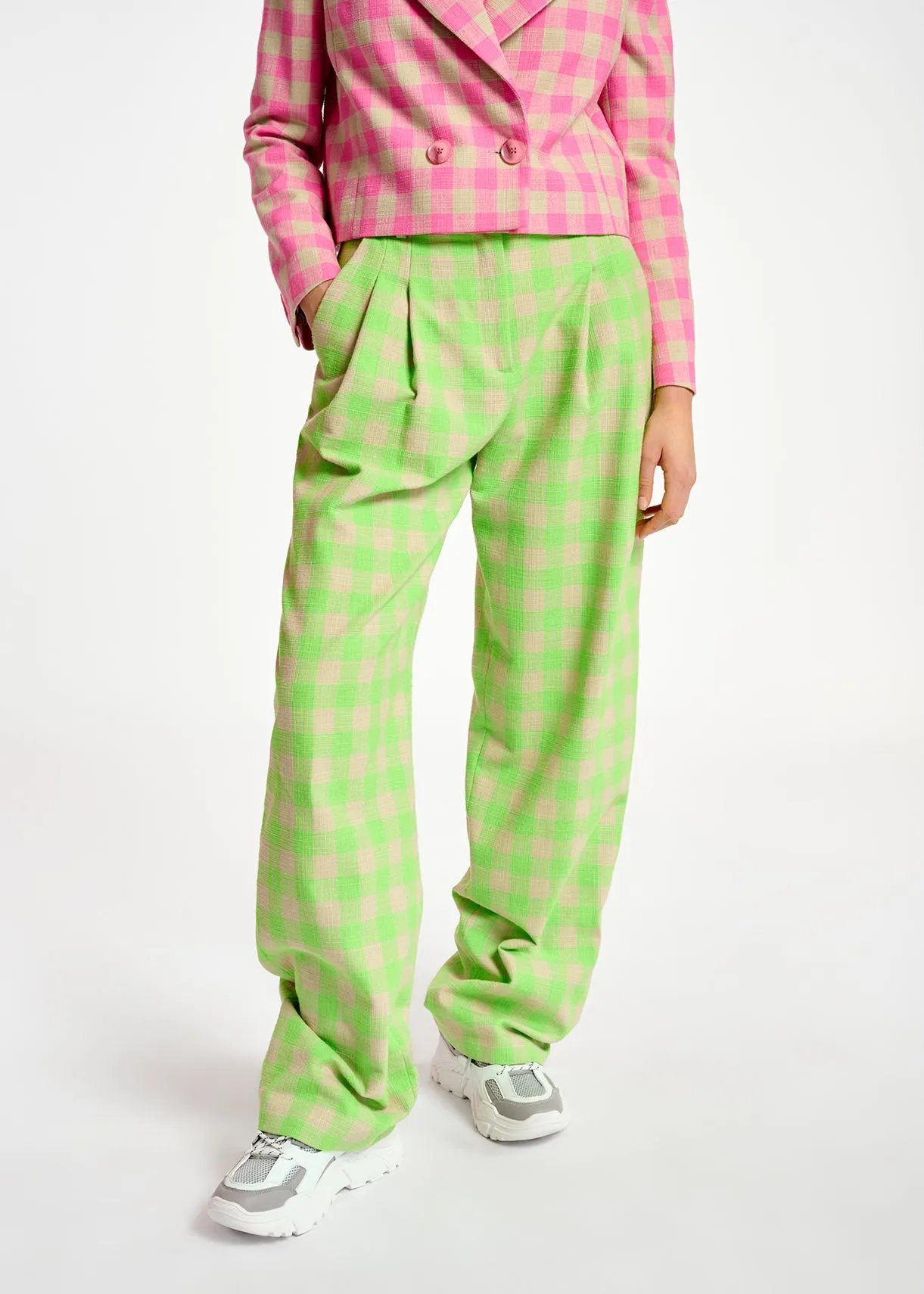 Neon green checkered relaxed-fit pants
