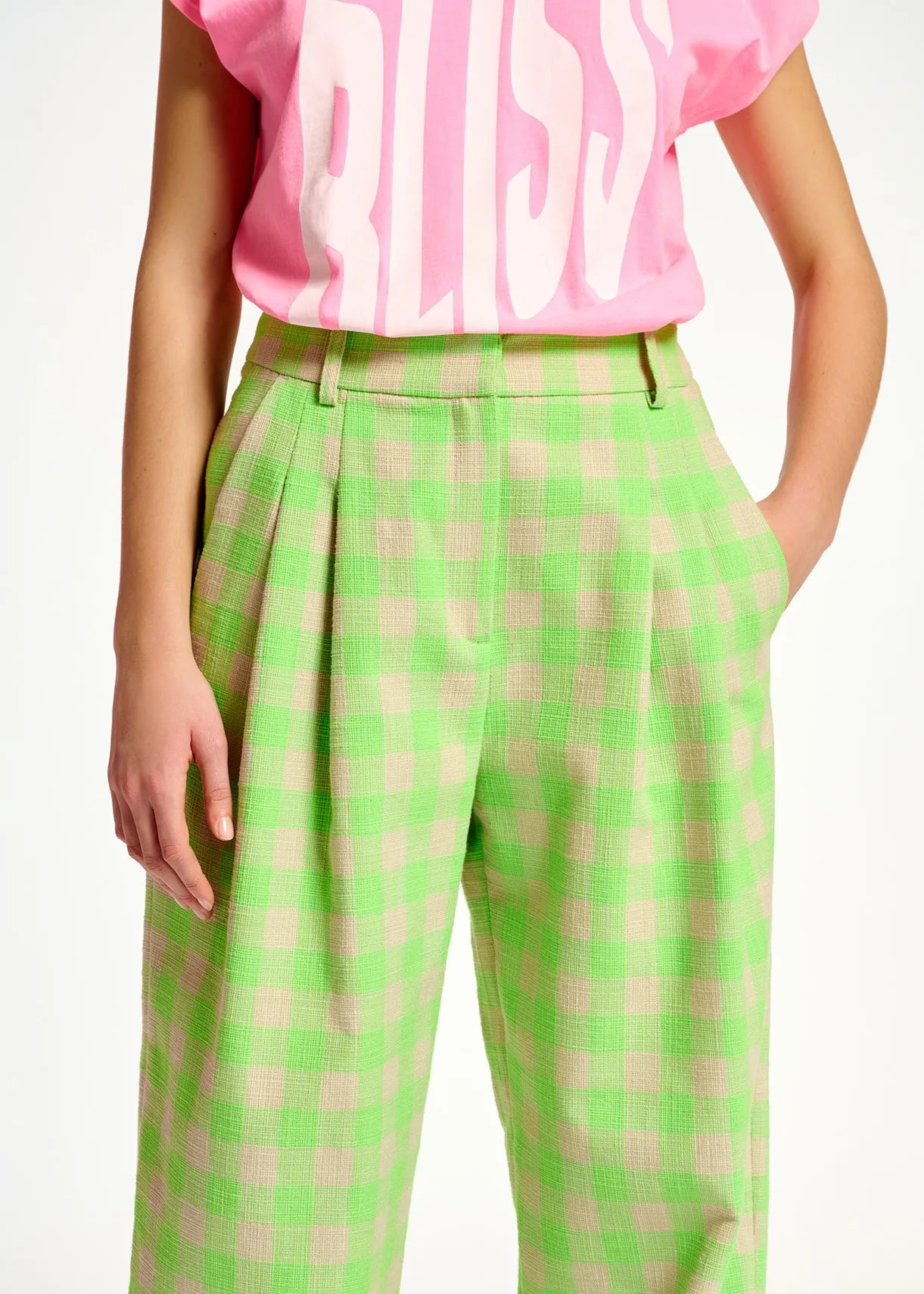 Neon green checkered relaxed-fit pants