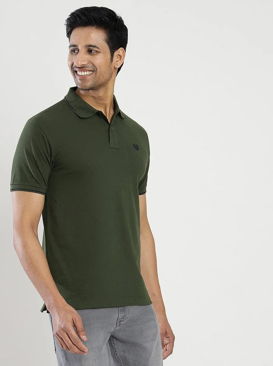Olive Green Solid Slim Fit Polo T-Shirt | Greenfibre