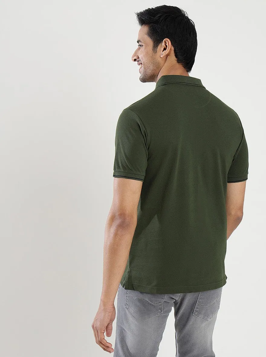 Olive Green Solid Slim Fit Polo T-Shirt | Greenfibre