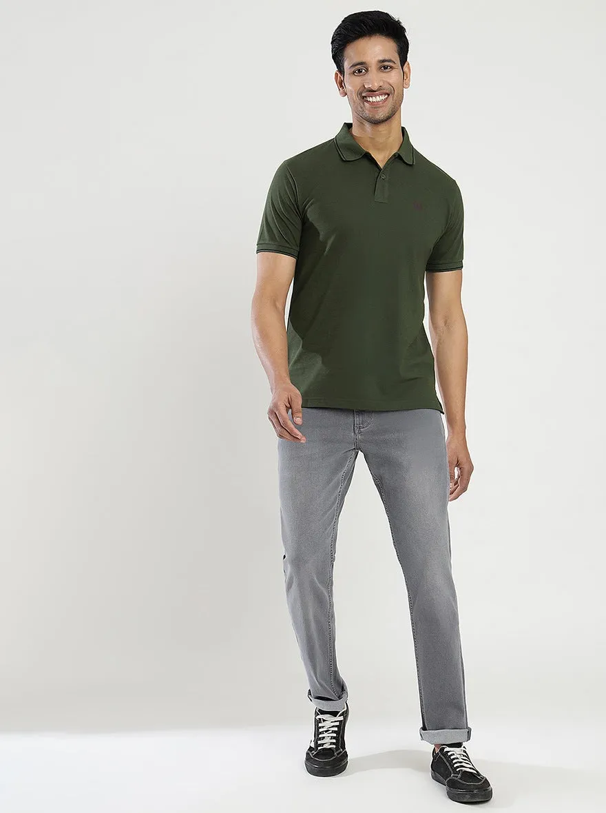 Olive Green Solid Slim Fit Polo T-Shirt | Greenfibre