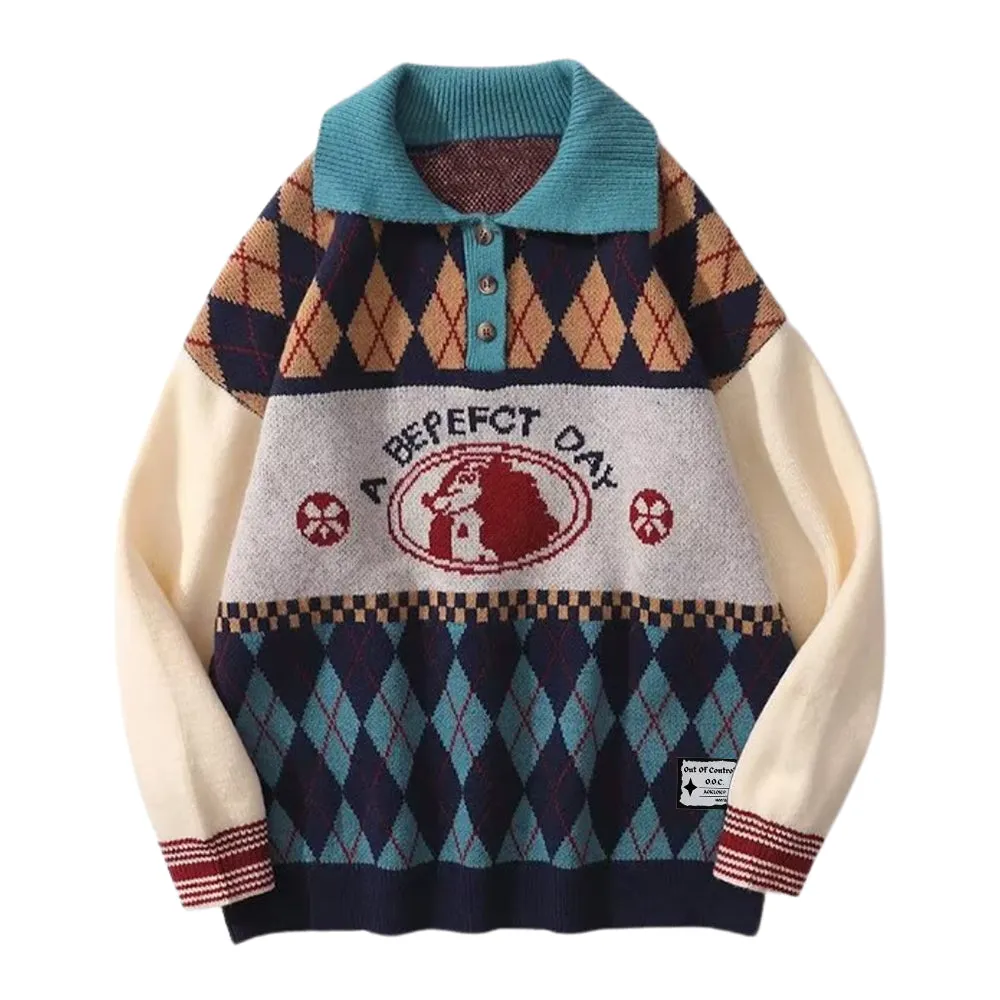 ⚡OOC' Diamond Check Contrast Polo Sweater