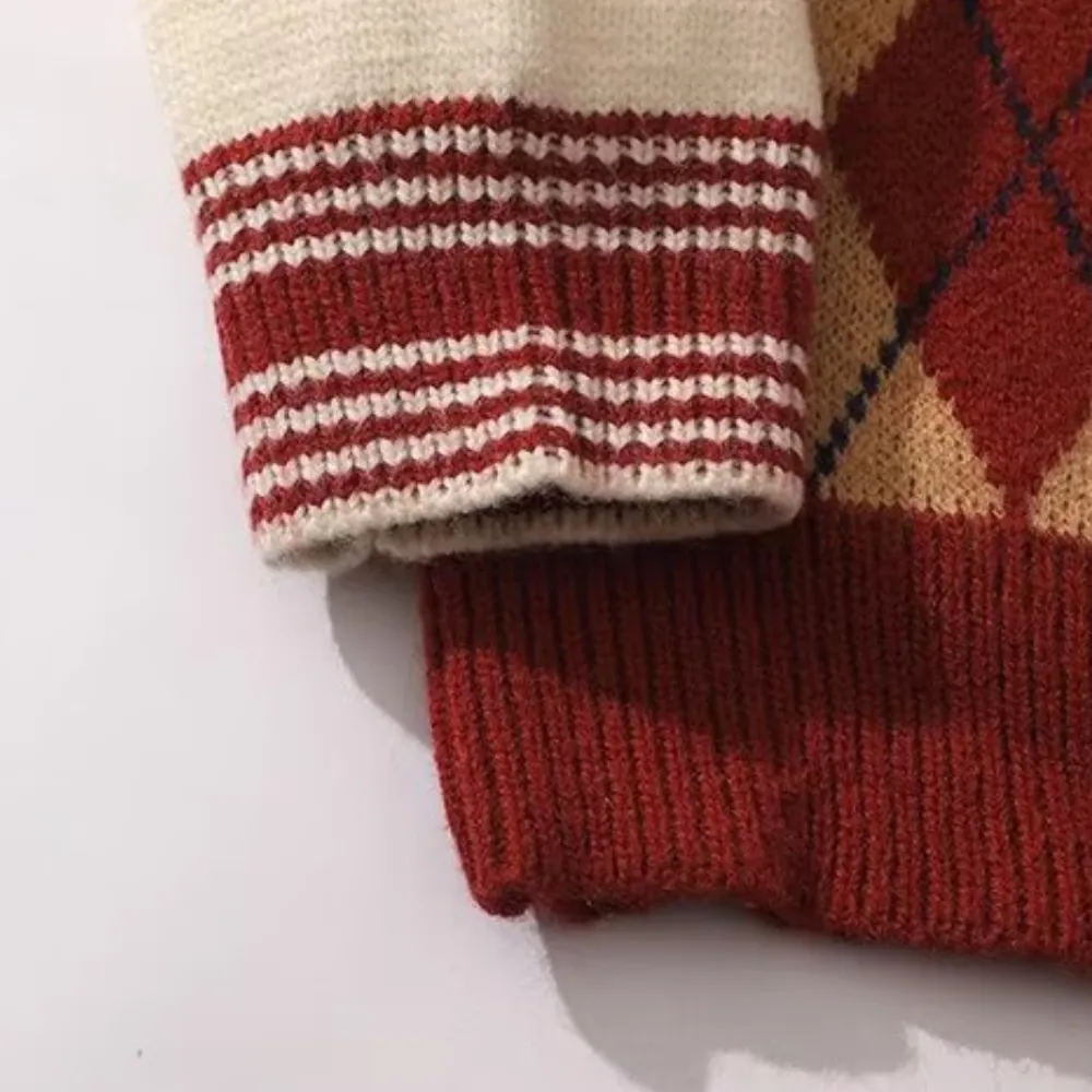 ⚡OOC' Diamond Check Contrast Polo Sweater