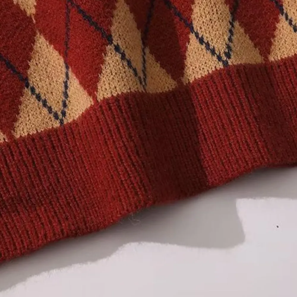 ⚡OOC' Diamond Check Contrast Polo Sweater