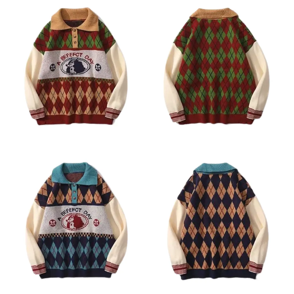 ⚡OOC' Diamond Check Contrast Polo Sweater