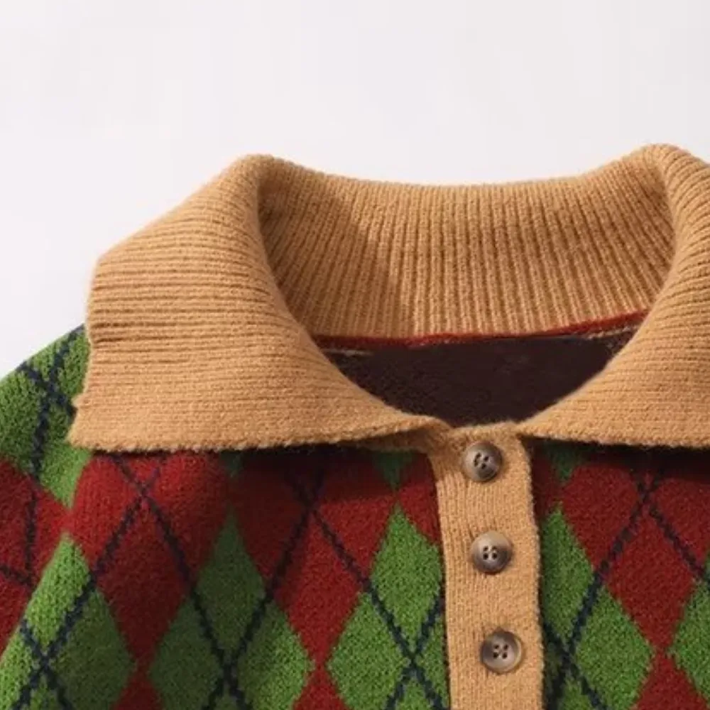 ⚡OOC' Diamond Check Contrast Polo Sweater