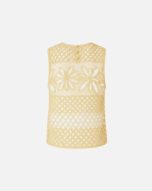 Perforated Crochet Sleeveless Top - Mustard