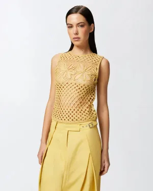 Perforated Crochet Sleeveless Top - Mustard