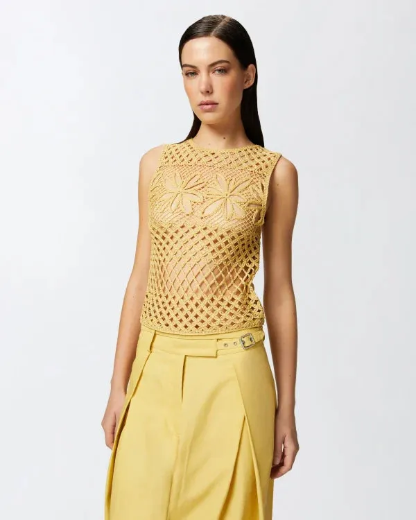 Perforated Crochet Sleeveless Top - Mustard