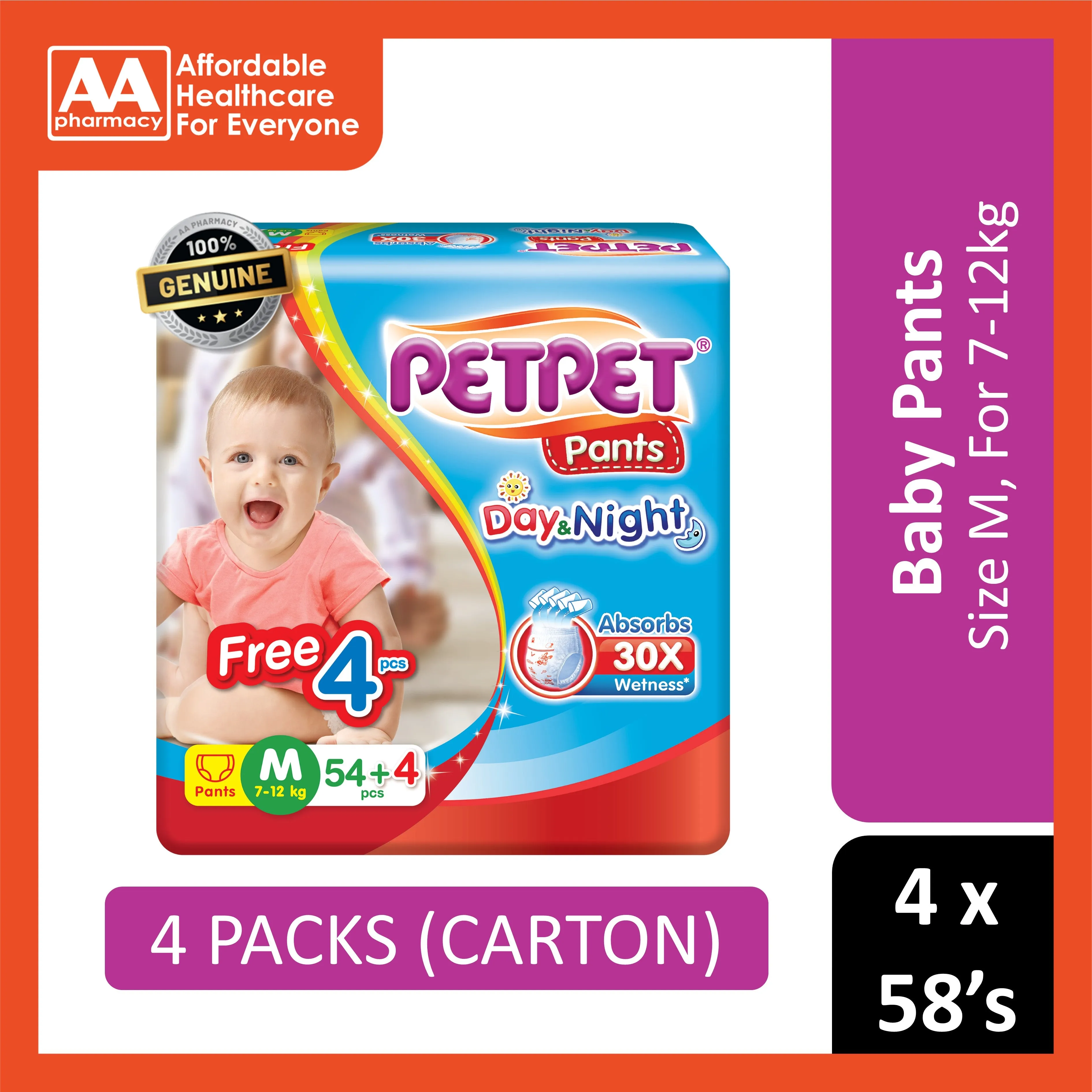PetPet Day and Night Baby Pants Size M 54's 4's (For 7-12kg) [4 Packs/Carton]