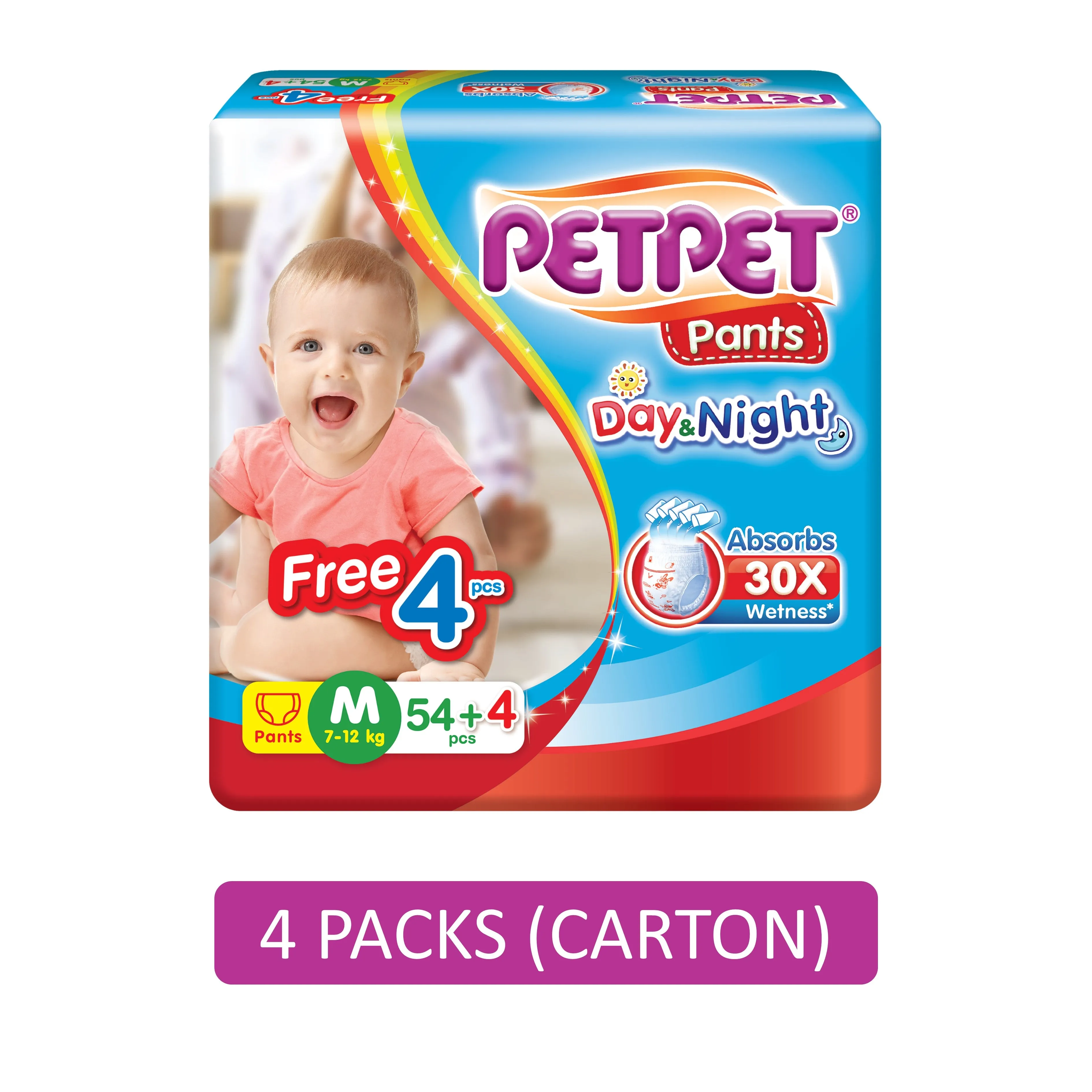 PetPet Day and Night Baby Pants Size M 54's 4's (For 7-12kg) [4 Packs/Carton]