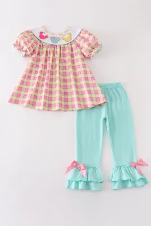 Pink character french knot plaid girl set