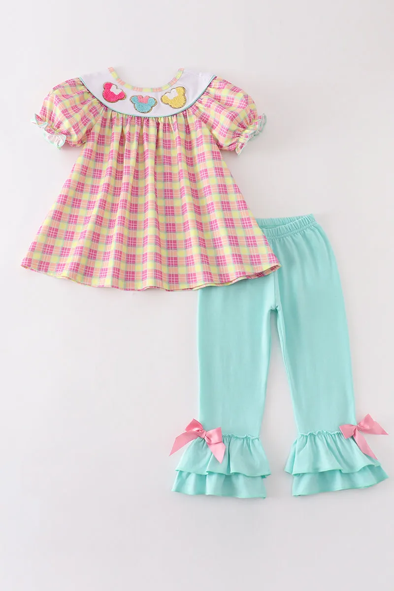Pink character french knot plaid girl set