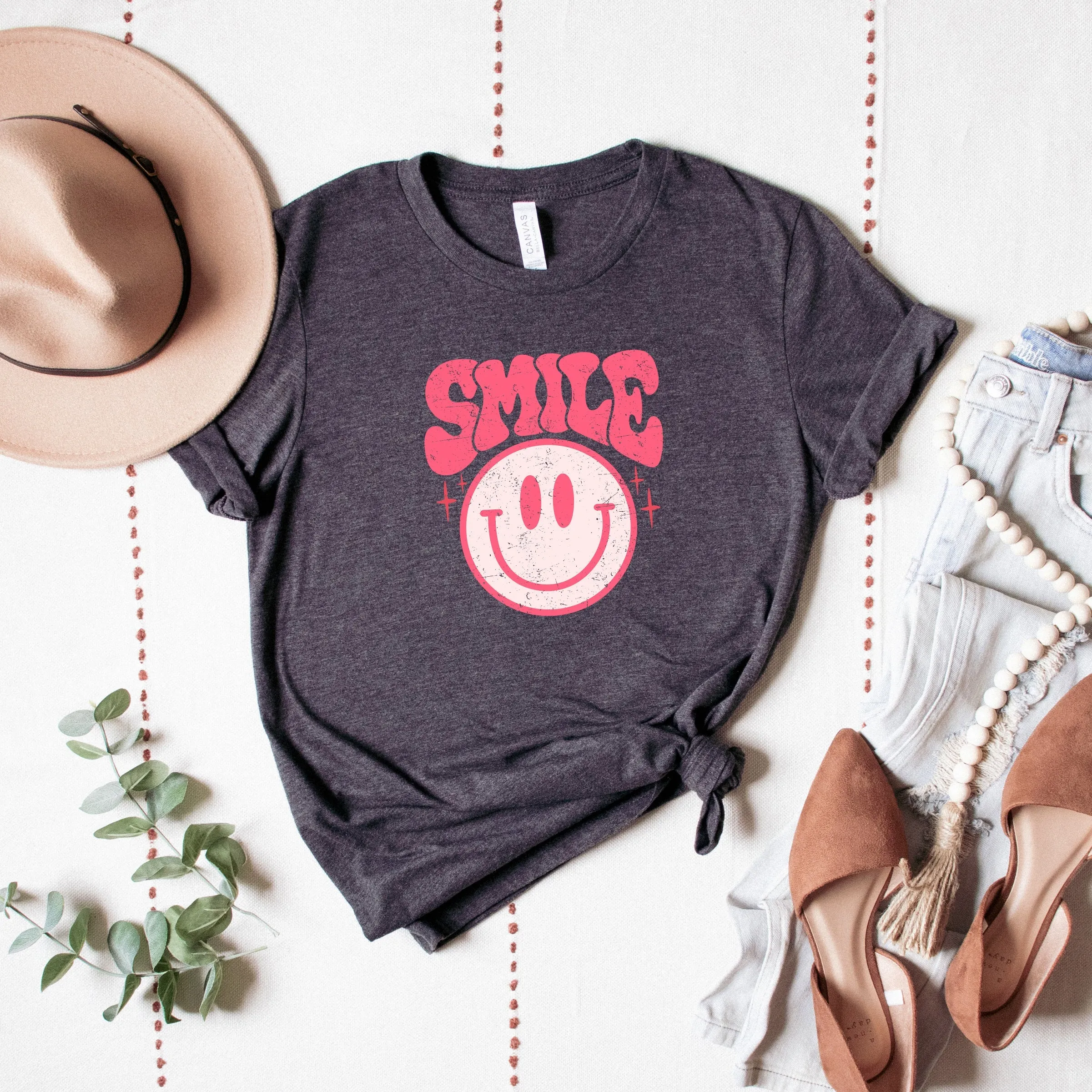 Pink Smiley Distressed | Short Sleeve Crew Neck