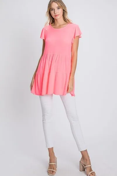 Pink Tiered Round Neck Ruffle Sleeve Top