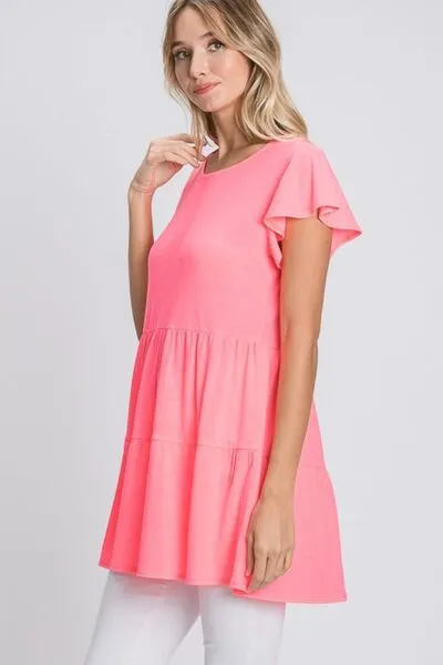 Pink Tiered Round Neck Ruffle Sleeve Top