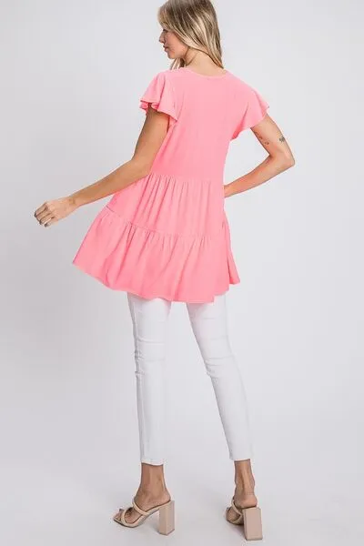 Pink Tiered Round Neck Ruffle Sleeve Top