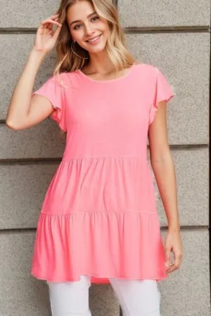 Pink Tiered Round Neck Ruffle Sleeve Top