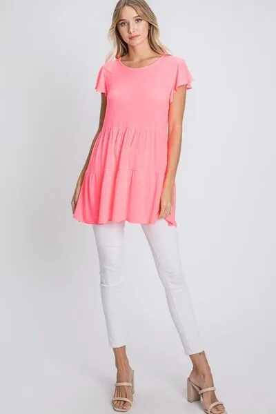 Pink Tiered Round Neck Ruffle Sleeve Top