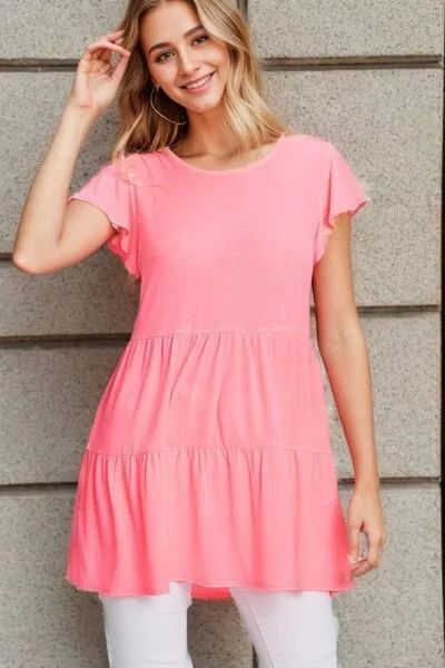 Pink Tiered Round Neck Ruffle Sleeve Top