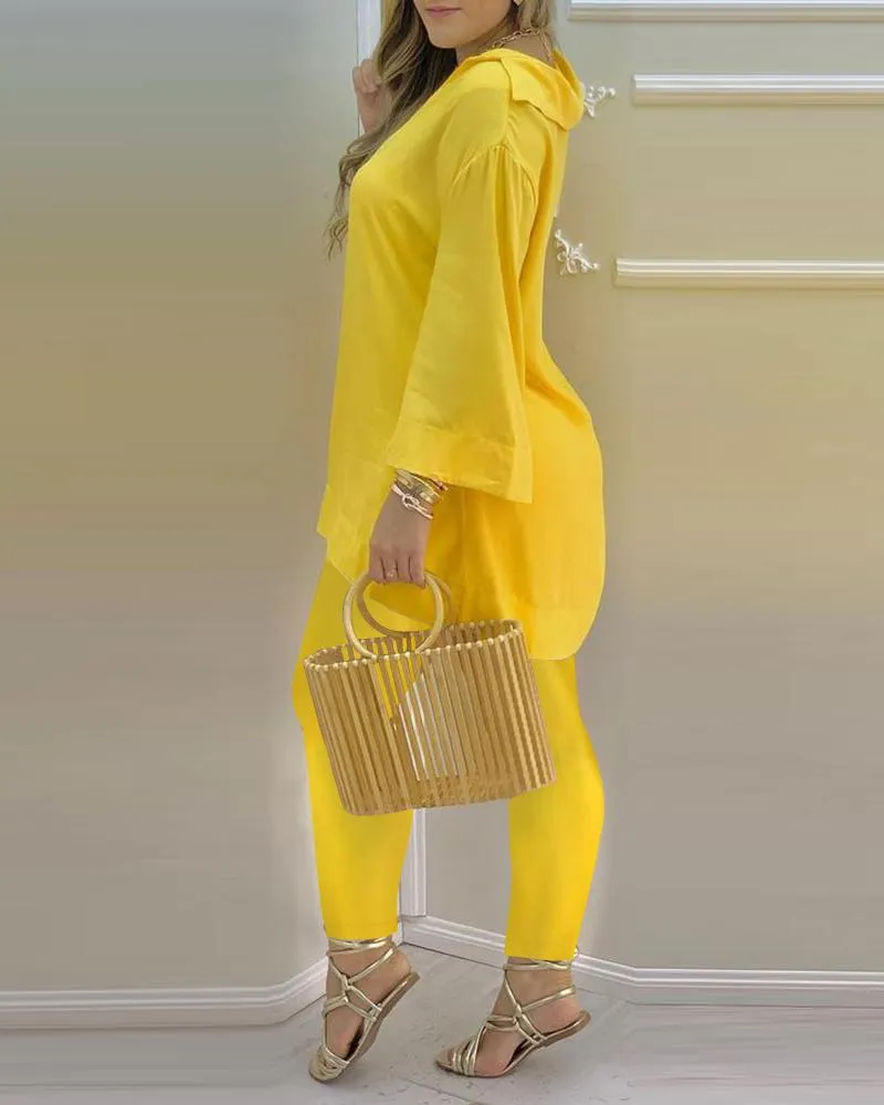 Plain Bell Sleeve V-Neck Top & Pants Set, Yellow