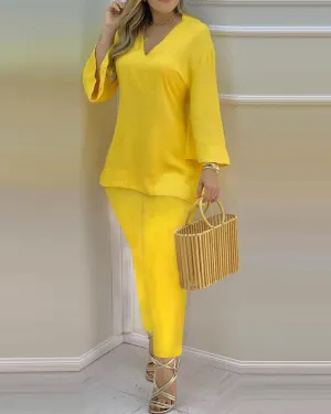 Plain Bell Sleeve V-Neck Top & Pants Set, Yellow