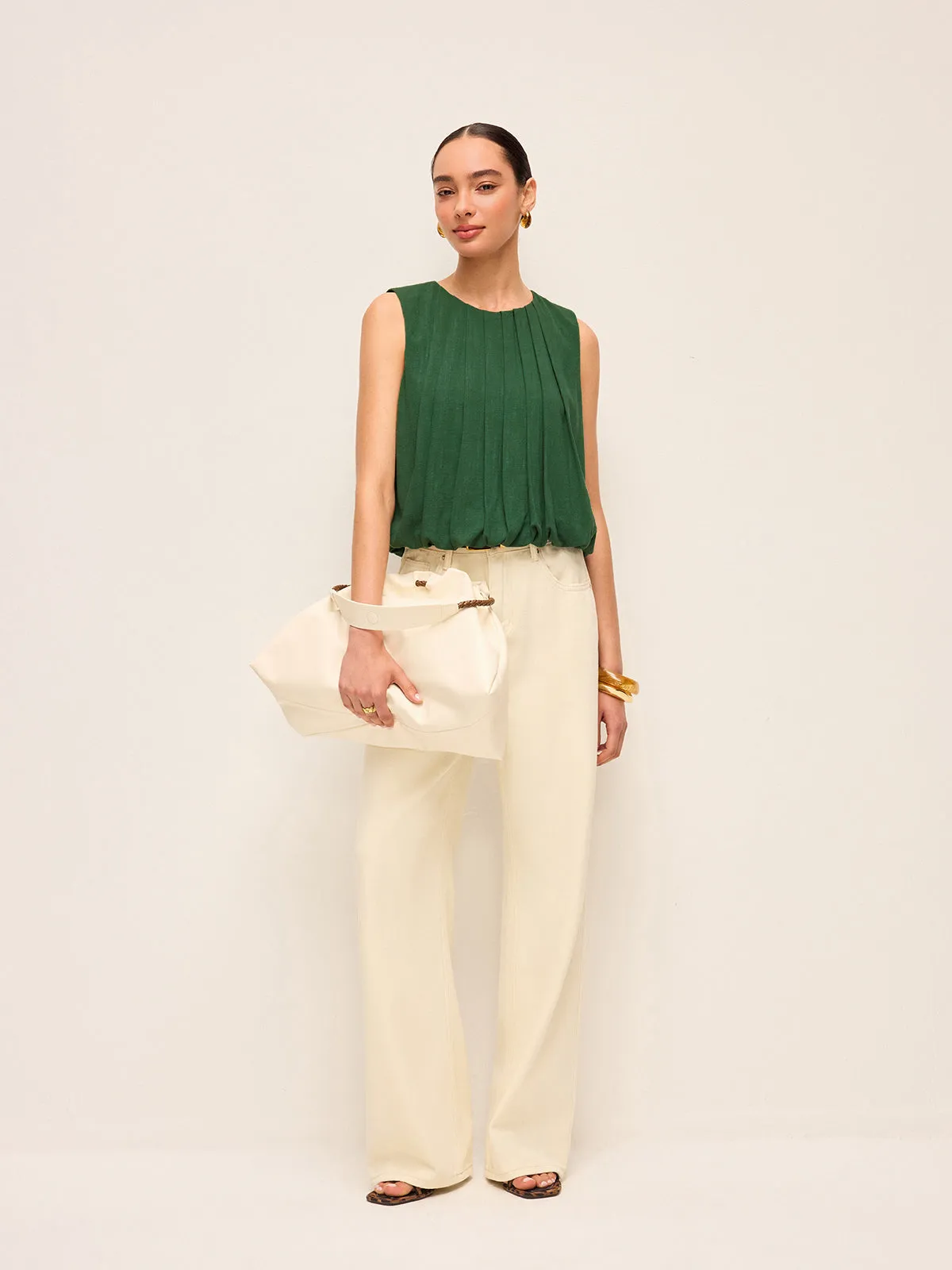 Pleated Cotton & Linen Sleeveless Top