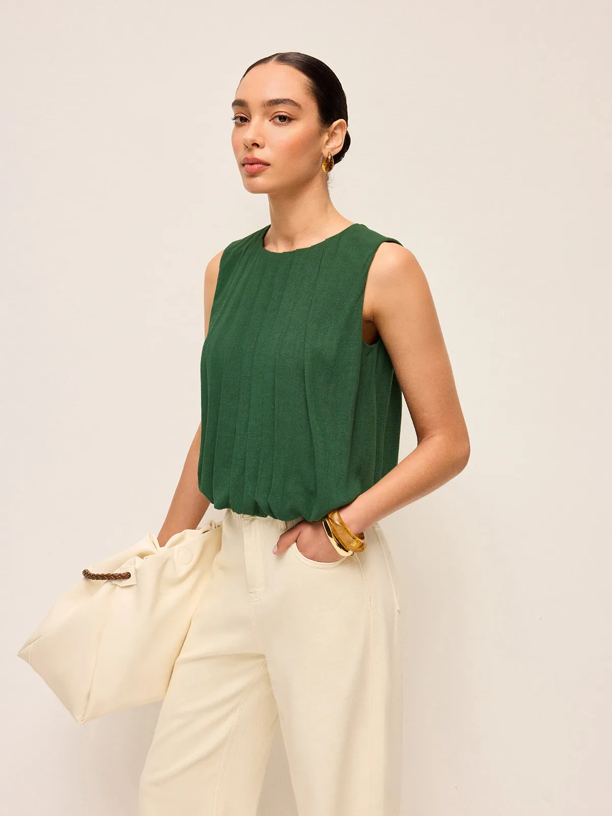 Pleated Cotton & Linen Sleeveless Top