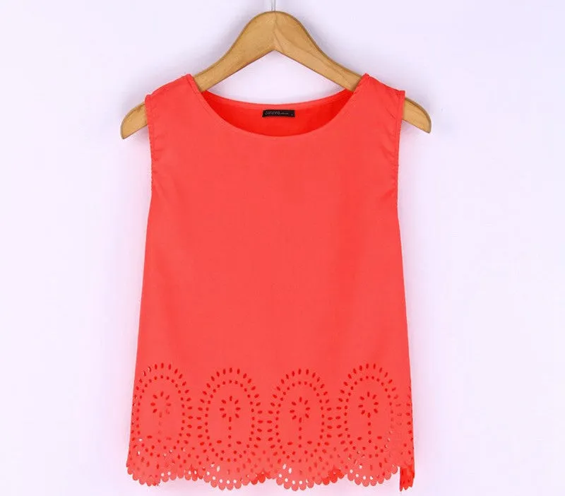 Plus Size 6 Colors Summer Women Cropped Top Chiffon Blouses Tank Sleeveless Hollow Out Shirt Casual Blusas Feminina S-4XL