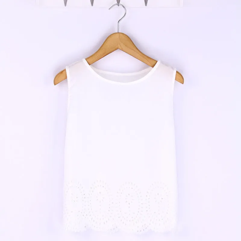 Plus Size 6 Colors Women Cropped Top Chiffon Blouses Tank Sleeveless Hollow Out Shirt Casual