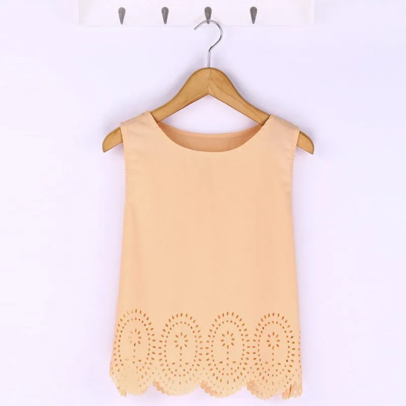 Plus Size 6 Colors Women Cropped Top Chiffon Blouses Tank Sleeveless Hollow Out Shirt Casual