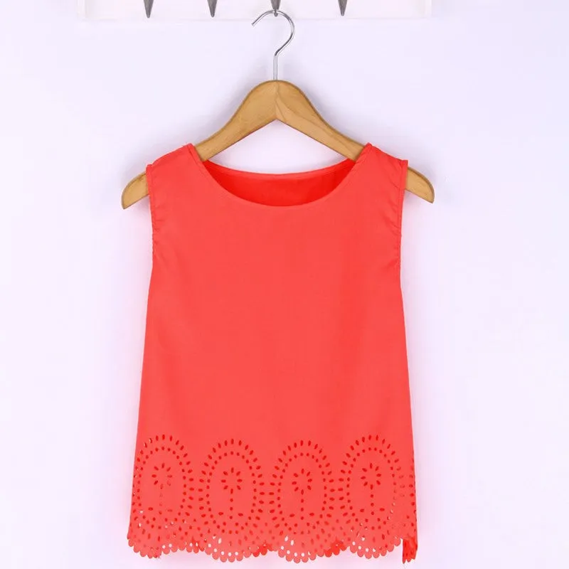 Plus Size 6 Colors Women Cropped Top Chiffon Blouses Tank Sleeveless Hollow Out Shirt Casual