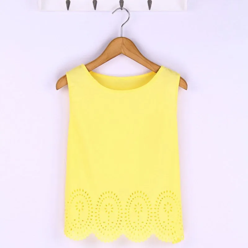 Plus Size 6 Colors Women Cropped Top Chiffon Blouses Tank Sleeveless Hollow Out Shirt Casual
