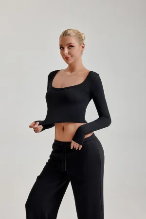 PURE PLUNGE LONG SLEEVE CROP TOP - CLASSIC BLACK