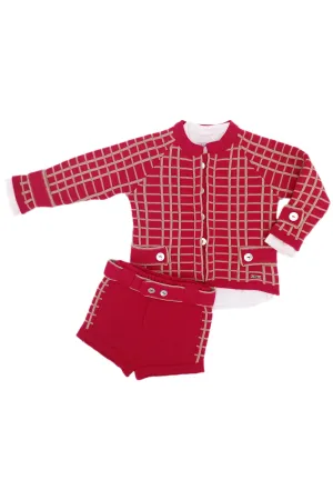 "Archie" Red & Camel Check Knit Cardigan, Shirt & Shorts