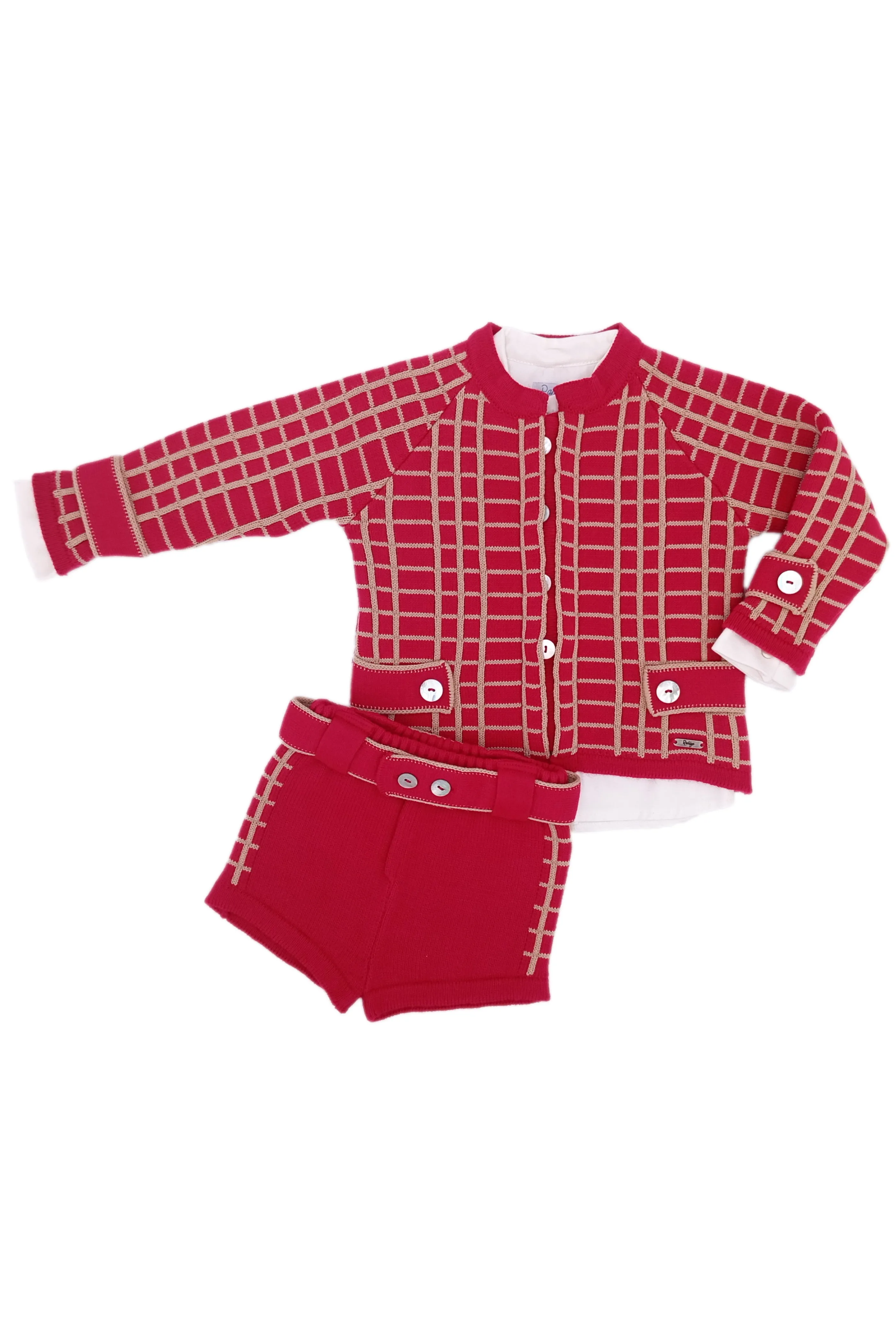 "Archie" Red & Camel Check Knit Cardigan, Shirt & Shorts
