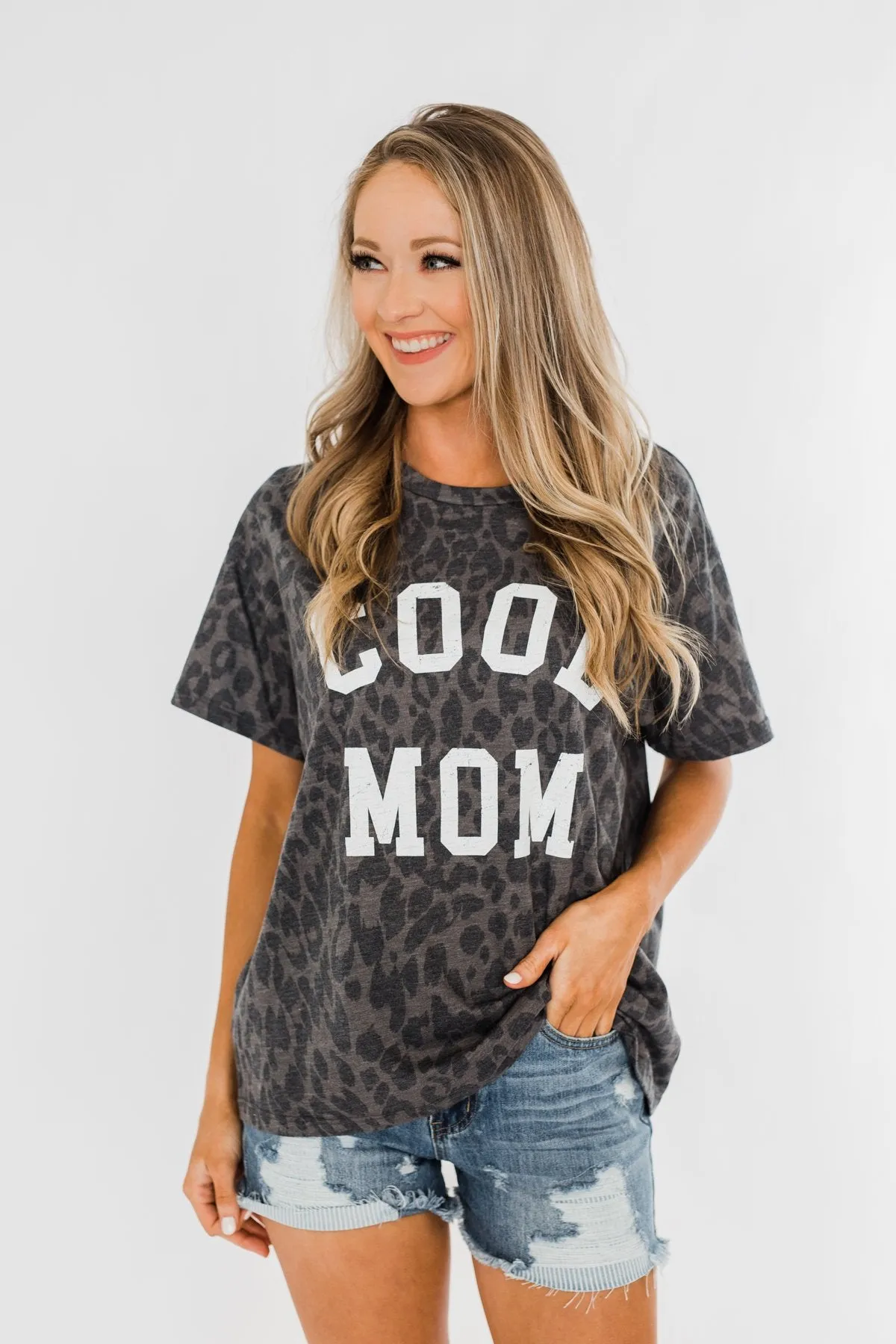 "Cool Mom" Leopard Graphic Top- Charcoal
